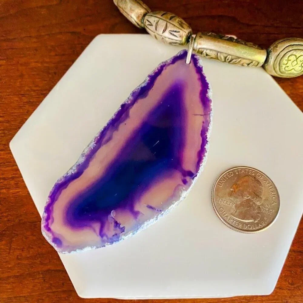 Polished Purple Agate Slice Pendant and Howlite Beaded Necklace